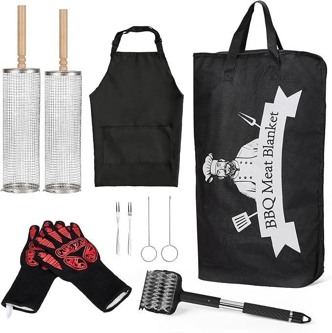 Pro BBQ Grill Tool Set 6-Piece - Stainless Steel Barbecue Accessories Kit with Heat Resistant Gloves, Meat Resting Blanket, Apron, 2 Grill Baskets & Cleaning Brush for Outdoor Camping Gifts