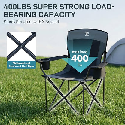 EVER ADVANCED Folding Camping Chair with Cup Holder, Oversized Padded Heavy Duty Lawn Chair, Sturdy Build Supports 400lbs for Adults, Outdoor Fishing & Sports, Black