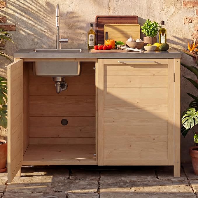 MOUMON Patio Kitchen Sink Cabinet with Stainless Steel Countertop, Solid Cedar Patio Prep Table with Trash Bin Storage, Outdoor Cooking Station, Sink not Included, Oak 51.2”W x 23.6”D x 37.4”H