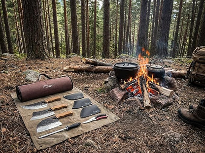 9 PCS Butcher Viking Camping Knife Set, 7" Serbian Chef Knife, 7" Butcher Meat Cleaver, 6.5" Viking Knife, 3 Knife Sheath, Honing Steel, Poultry Shears and Knife Roll Bag (Stylish Horse Pattern)