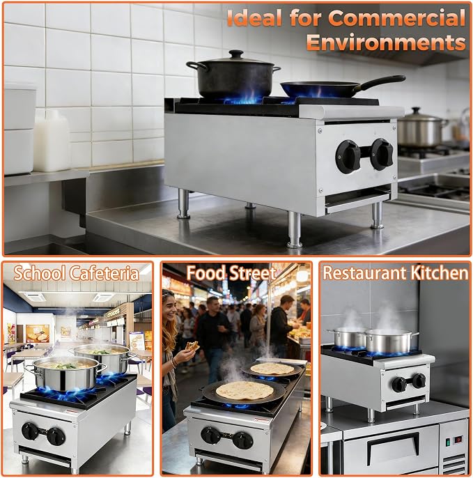 Commercial Countertop Gas Hot Plate Burner,NG LP Convertible Stove with Independent Controls,Standing Pilot Ignition,Cast Iron Grates,Adjustable Legs for Restaurant Prep Cooking (Silver,2 Burner)