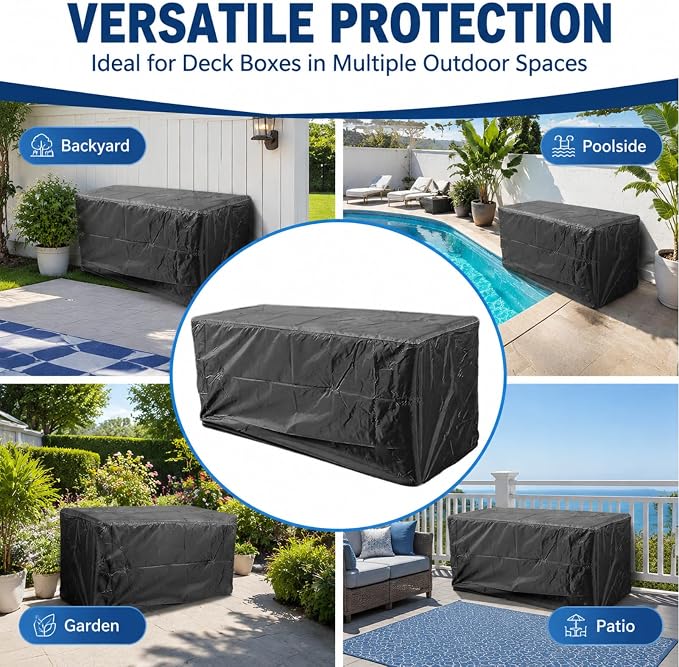 Deck Box Cover, Waterproof Outdoor Storage Box Cover, Heavy Duty Patio Storage Cover with Drawstring for Backyard Garden Furniture, Black, 63 x 30 x 28 in