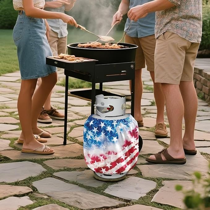 Dual Propane Tank Cover 20 lb Patriotic American Flag Weather Resistant Gas Cylinder Polyester Blue Red 4th of July Decoration for Travel Trailer RV and Outdoor Use