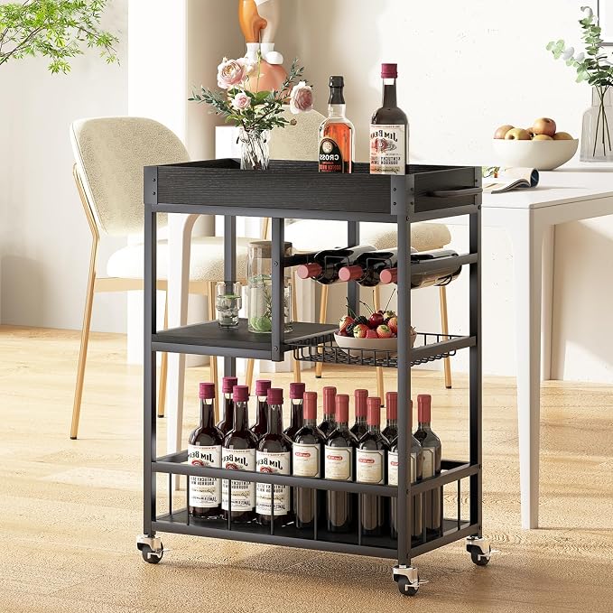 Bar Cart with Basket Wine Rack with Wheels Wood Metal Cart for Party | Basket