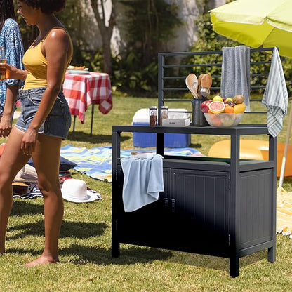 Domi Outdoor Kitchen Island with Storage, Aluminum Kitchen Storage Island with Wall Hanging, Freestanding Grill Storage Cabinet with Protective Cover for BBQ, Deck, Patio, Backyard