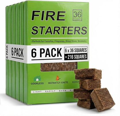 Fire Starter Squares for Campfire: Natural Fire Starters Cubes - Quick Ignition Odorless Firestarter Blocks for Grills BBQ Outdoor Firepits Fireplaces & Wood Stoves - 216 pcs