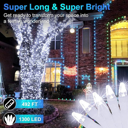 492FT Outdoor Christmas Lights, 1300 LED Super Long String Lights 8 Lighting Modes & Timer Memory, Outsite Waterproof Light Strings for Xmas Tree Garden Wedding Party Holiday Decorations Cool White