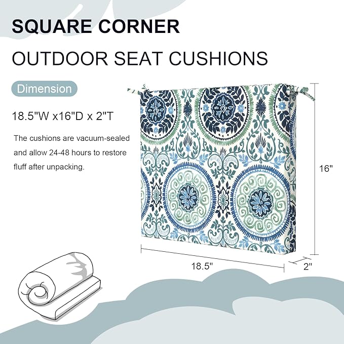 DYTXIII Set of 2 Outdoor Chair Cushions, Water Resistant 18.5"x16"x2" Square Seat Cushion for Patio Dining Chairs, High-Density Replacement Pads for Indoor Outdoor Furniture - Wreath Blue