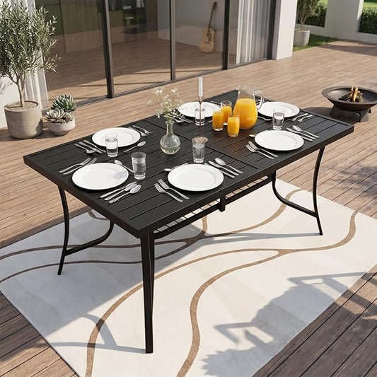 60" Outdoor Metal Patio Dining Table, Rectangular Steel Slat Table with Umbrella Hole, Modern Weather-Resistant Garden Table for 6 People, Backyard, Deck, Black