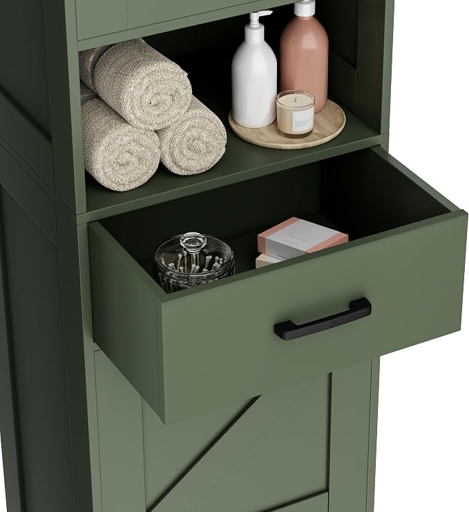 Homhedy 67" H Tall Bathroom Storage Cabinet with Barn Doors and Drawer | Narrow Storage Unit with Adjustable Shelves, Floor Cabinet for Bathroom, Living Room, Entryway or Kitchen, Green, 15.7" W