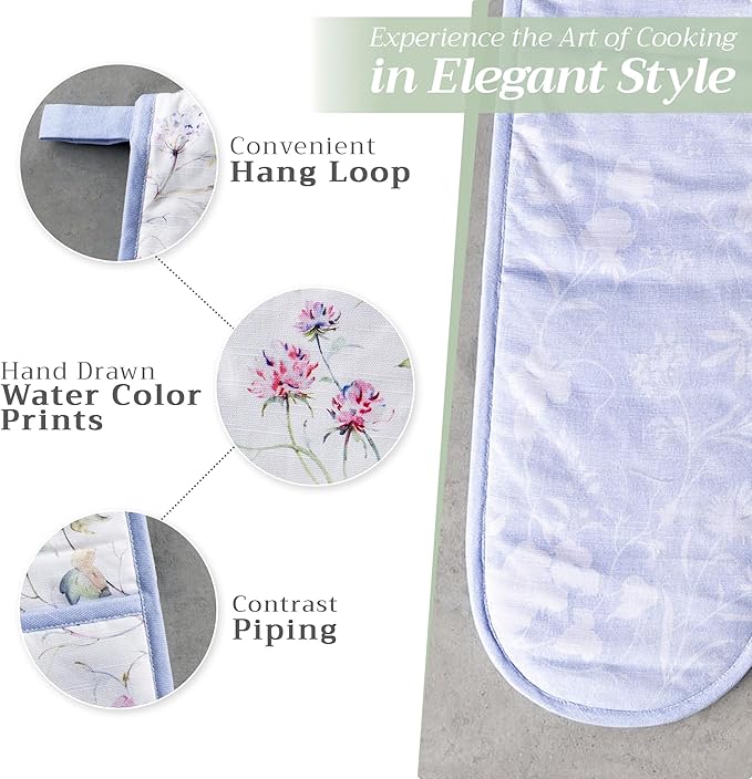 Maison d' Hermine Double Oven Mitts 100% Cotton 7"x35" Double Oven Mitt Heat Resistant BBQ Cooking Gloves with Loop Baking Grilling Kitchen Hotel Home Farmhouse Spring Summer (Summer Floral)