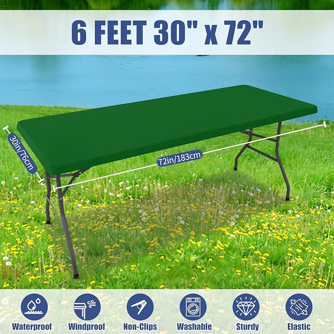Moosfor Spandex 6 Foot Rectangle Table Cloth, Elastic Fitted Tablecloths for Picnic, Stretch Washable Patio Table Cover for Outdoor, Camping, Banquet and Parties (Emerald Green, 30"x72")