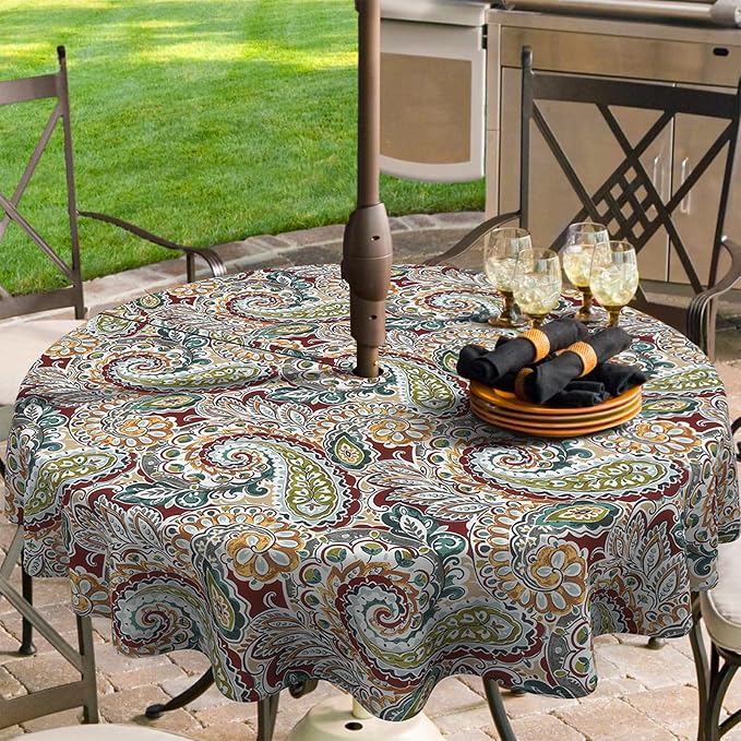 Outdoor/Indoor Round Tablecloth with Umbrella Hole Zipper, Decorative Circular Table Cover for Home Garden, 60 Inch, Paisley Chilli