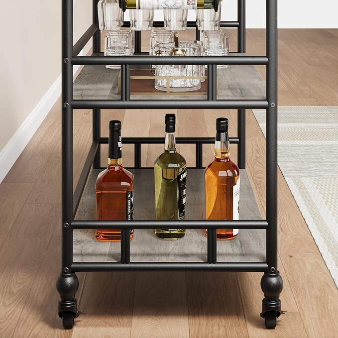 Garvee Bar Cart with Wheels, 3-Tier Rolling Serving Cart with Removable Tray, Mobile Kitchen Beverage Cart with Wine Rack & Glass Holder, Retro Roman Column Design, 35.4 x 15.7 x 34.1 Inches, Grey