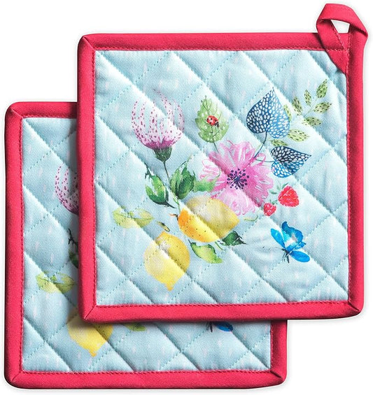 Maison d' Hermine Pot Holders 100% Cotton Heat Resistant Potholders 8" x 8" Hot Pads with Loop BBQ Cooking Hotel Farmhouse Kitchen Handling Hot Pans Spring Summer (Pack of 2, Jardin D'Ete - Mint)