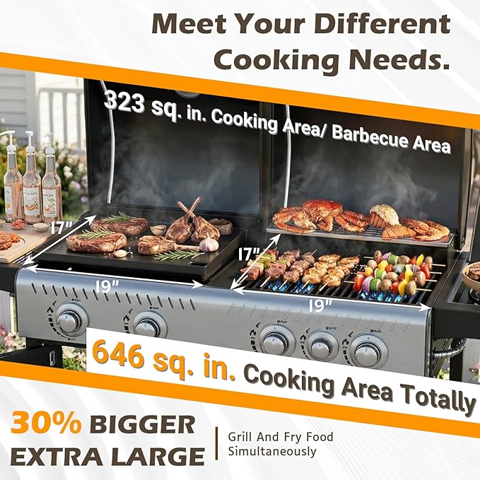 EROMMY Integrated design of baking tray and grill, Propane Grill with Side Burner, Porcelain-Enameled Cast Iron Grates, 646SQIN Large Cooking Area for Outdoor Patio Backyard Barbecue & Party Events