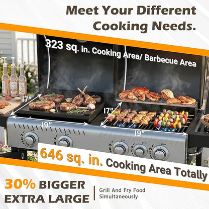 EROMMY Integrated design of baking tray and grill, Propane Grill with Side Burner, Porcelain-Enameled Cast Iron Grates, 646SQIN Large Cooking Area for Outdoor Patio Backyard Barbecue & Party Events