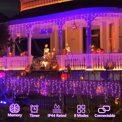 QITONG Purple Halloween Lights, 33ft 400 LED Icicle Lights for Outside Plug in, Clear Wire Connectable String Light Indoor with 8 Modes