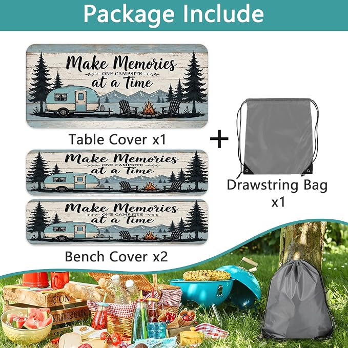Picnic Table Cover with Bench Covers and Bag, Rustic Farmhouse Camper & Mountain Wood Print Waterproof Fitted Camping Tablecloths with Elastic Edges for Indoor, Outdoor & Garden, 3 Pcs Set 30x72 Inch