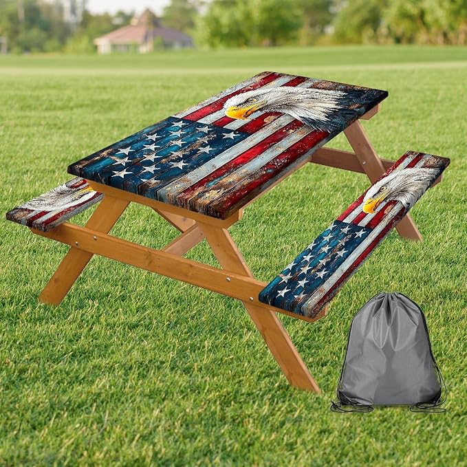 Picnic Table Cover with Bench Covers Elastic Edges, Vintage Wood American Flag Eagle Table Cover, Waterproof Windproof Fitted, for Outdoor Patry Picnic Patio Gatherings, Drawstring Bag, 96 Inch 3PCS