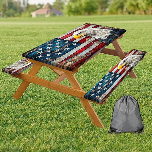 Picnic Table Cover with Bench Covers Elastic Edges, Vintage Wood American Flag Eagle Table Cover, Waterproof Windproof Fitted, for Outdoor Patry Picnic Patio Gatherings, Drawstring Bag, 96 Inch 3PCS