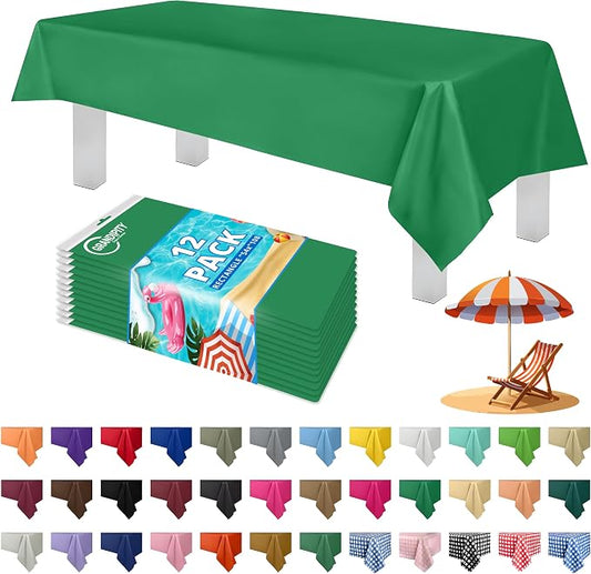 Grandipity 12 Pack Premium Disposable Plastic Tablecloth 54 Inch. x 108 Inch. Decorative Rectangle Table Cover - Green