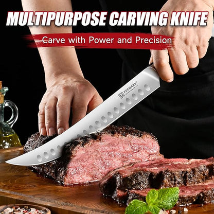 KEEMAKE BBQ Carving Knife Set - 10" Butcher Knife & 10" Honing Rod Slicing Knife Set for Meat Cutting Razor Sharp German Steel with Ergonomic Handle Full Tang Design Gift Box Included