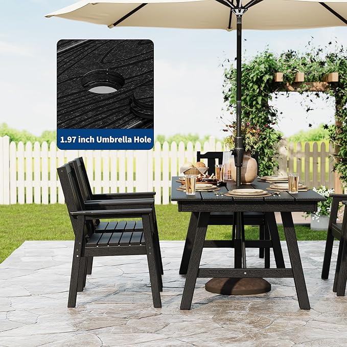 Garvee Outdoor Patio Dining Table Set for 4, 5 Piece Outdoor HDPE Dining Furniture Tables Set with Umbrella Hole, Aluminum Frame, All-Weather Garden Table and 6 Chairs for Backyard Poolside, Black