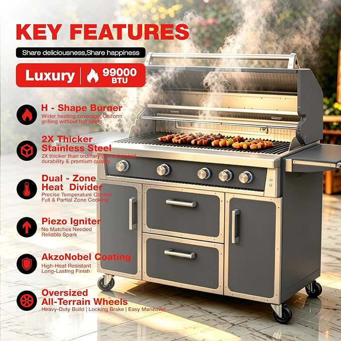 LPG 4 Cast Burners Outdoor Kitchen Grill Island, 99,000 BTU, Grey Painting