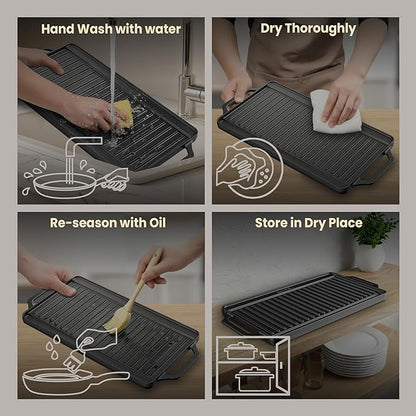 Bakken 18” Reversible Cast Iron Griddle, Flat & Grill Side, Dual Burner Cooking Plate for Pancakes, Meats & Veggies, Pre-Seasoned, Nonstick, Oven & Campfire Safe, Heavy-Duty Griddle Top with Mitt