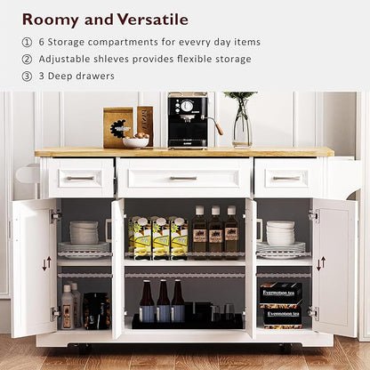 Ball & Cast Modern Large Kitchen Island with Rubber Wood Drop Leaf, Embossed Texture Rolling Cart on 4 Wheels W/4 Doors & 3 Drawers, Mobile Storage Kitchen Islands W/Storage for Dining Room,White,54"