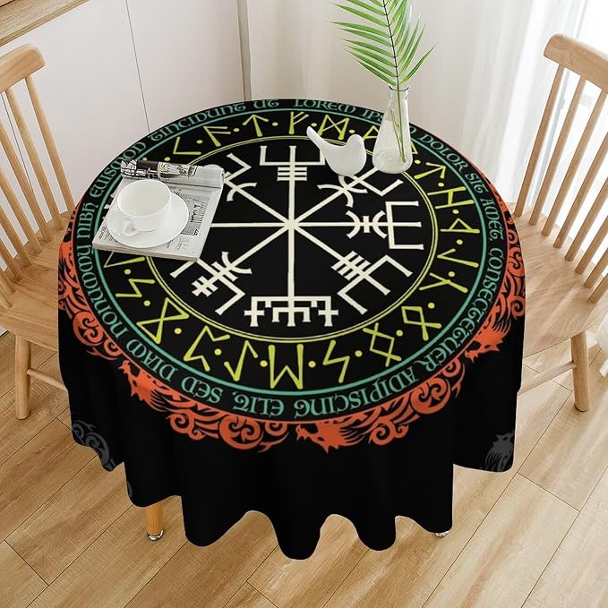 Vintage Viking Pattern Round Tablecloth, Viking Ancient Runic Helmet of Awe Seasonal Table Cloth Waterproof Wipeable Table Cover for Picnic Holiday Party Kitchen Dining 36"