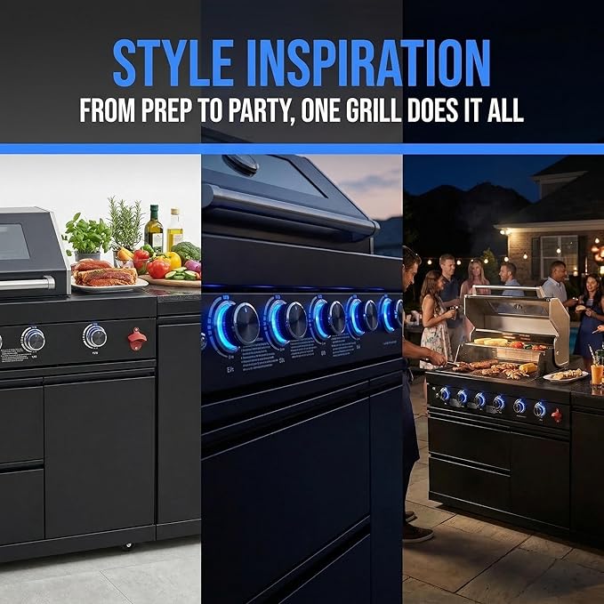 82" Outdoor Kitchen Island,6-Burner Propane Grill – Stainless Steel with Rotisserie Oven,Refrigerator,Granite Countertops & Sink.BBQ Grill Total 85,000 BTU.(Black,Propane)