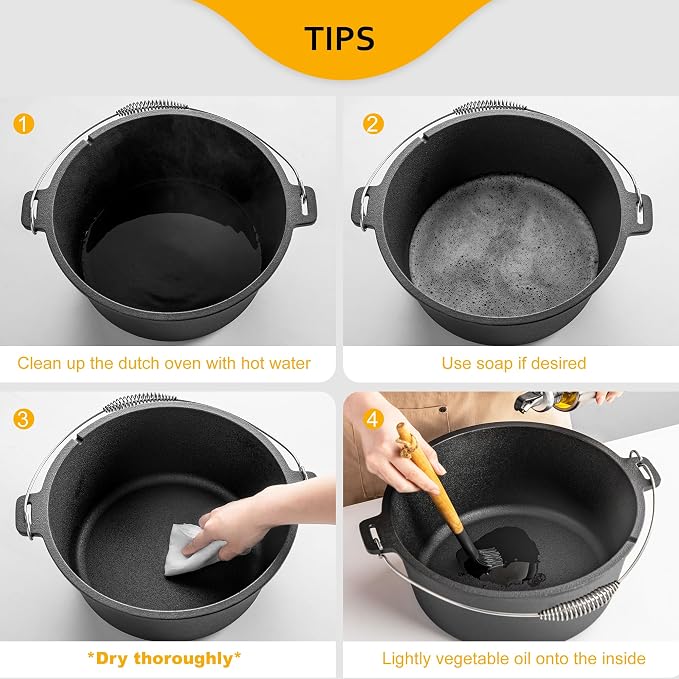 Velaze 10 QT Pre-Seasoned Cast Iron Camping Dutch Oven Pot with Lid | Comes with Metal Handles, Lid Lifter,Stand Support,Use in Oven, on Stove,Grill,or Over Campfire,Capacity for 4-8 People