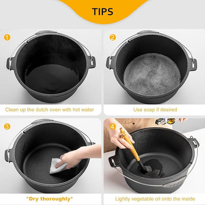 Velaze 10 QT Pre-Seasoned Cast Iron Camping Dutch Oven Pot with Lid | Comes with Metal Handles, Lid Lifter,Stand Support,Use in Oven, on Stove,Grill,or Over Campfire,Capacity for 4-8 People