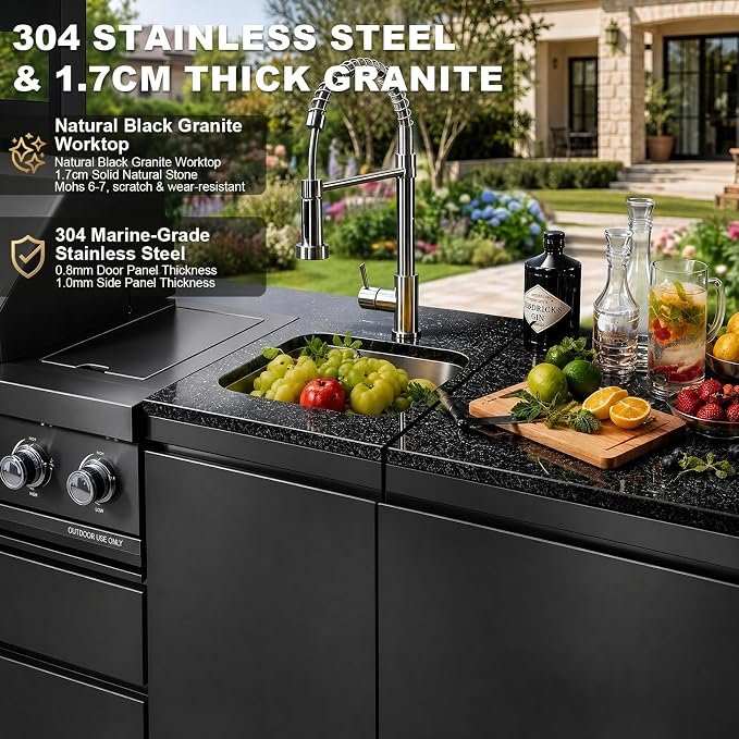 97.2" 4-Burner Modular Outdoor Kitchen Island, 72000 BTU Propane Gas Grill | Side Stove, Rear Infrared, Galvanized Steel Roof, Granite Countertop, Fridge, 360° Pull-Out Faucet,304 Sink, Rotisserie