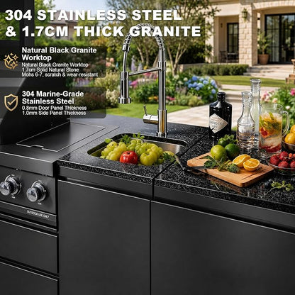 97.2" 4-Burner Modular Outdoor Kitchen Island, 72000 BTU Propane Gas Grill | Side Stove, Rear Infrared, Galvanized Steel Roof, Granite Countertop, Fridge, 360° Pull-Out Faucet,304 Sink, Rotisserie