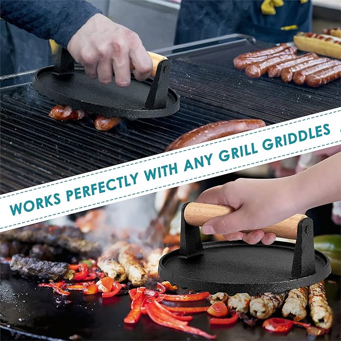 HaSteeL Single Cast Iron Grill Press, Heavy Duty 7In Bacon Burger Press with Wooden Handle, Pre-Seasoned Steak Press Great for Flat Top Griddle Teppanyaki BBQ Grilling Cooking Indoor & Outdoor
