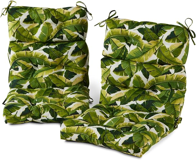 Outdoor Tufted High-Back Chair Cushions, One-Piece Hinged Seat and Back Design, Reversible with 4 Ties, Durable Polyester Fabric, Recycled Fiber Fill - Set of 2, Palm Leaves White