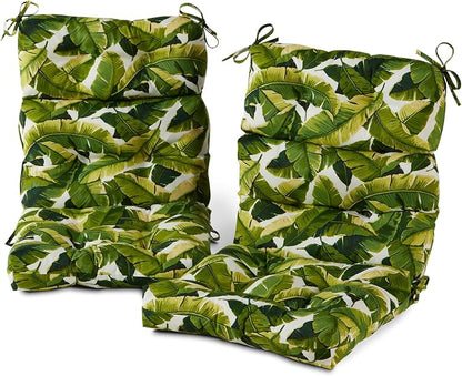 Outdoor Tufted High-Back Chair Cushions, One-Piece Hinged Seat and Back Design, Reversible with 4 Ties, Durable Polyester Fabric, Recycled Fiber Fill - Set of 2, Palm Leaves White