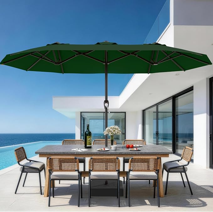 AreShark 15FT Outdoor Patio Umbrella with Crank, Large Rectangular Market Umbrella, Double-Sided Outdoor Umbrellas with Cross Base & Sandbag for Porch, Lawn, Pool, Backyard, Dark Green