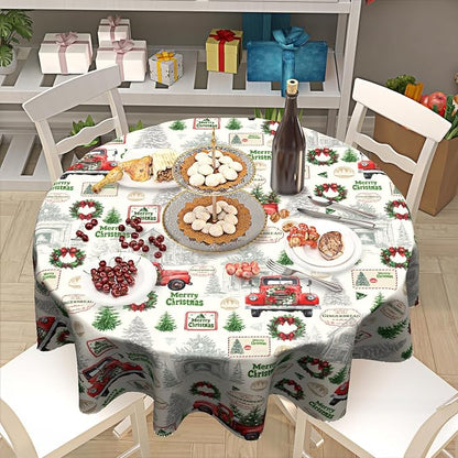 Xmas Red Truck Table Cloth Round Newbridge Green Xmas Pine Hill Tree Tablecloth 70 Inch Decor Washable Stain and Wrinkle Resistant Winter Round Table Cover for Dining Picnic