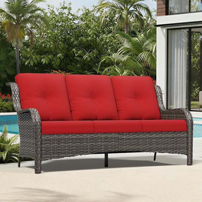Joyside Outdoor Patio Couch, 3 Seater Outdoor Wicker Sofa with High Back, Deep Seating, Wide Armrest, Thickened Cushions, Patio Sofa for Deck, Porch Use