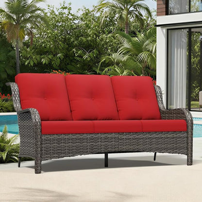 Joyside Outdoor Patio Couch, 3 Seater Outdoor Wicker Sofa with High Back, Deep Seating, Wide Armrest, Thickened Cushions, Patio Sofa for Deck, Porch Use