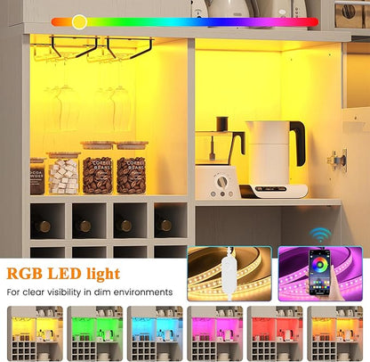 kepptory 72" Tall Kitchen Pantry Storage Cabinet, Freestanding Bar Cabinet with RGB LED Light, White Kitchen Buffet Sideboard with Doors for Dining Room Living Room