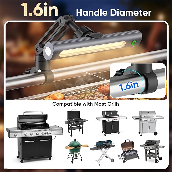 Grill Light BBQ Accessories Rechargeable: Bright 300lm LED Grill Light - IPX5 Waterproof & 3H Fast USB-C Charging - Magnetic & 360° Handle Mount Smoke Accessories - Grilling Gifts for Men Dad Husband
