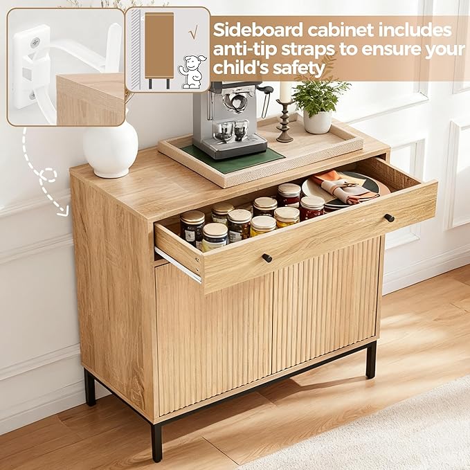 31 inch Sideboard Buffet Cabinet with Drawer, Modern Fluted Credenza with 2 Doors & Adjustable Shelf, Small Coffee Bar Storage for Kitchen, Entryway