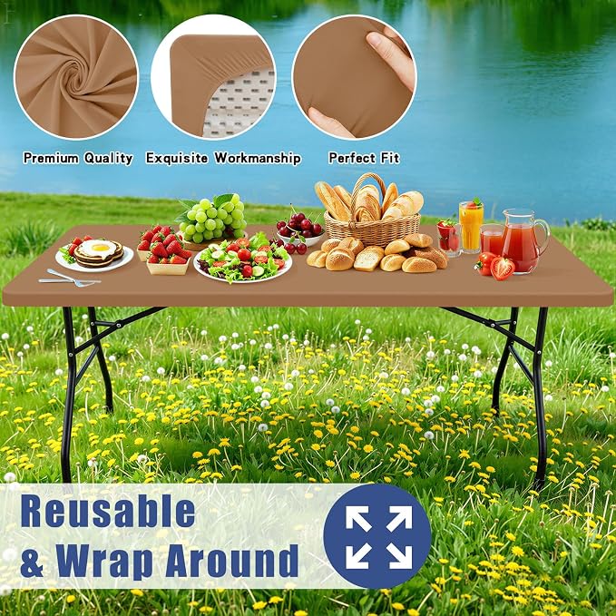Moosfor Spandex 6 Foot Rectangle Table Cloth, Elastic Fitted Tablecloths for Picnic, Stretch Washable Patio Table Cover for Outdoor, Camping, Banquet and Parties (Light Brown, 30"x72")