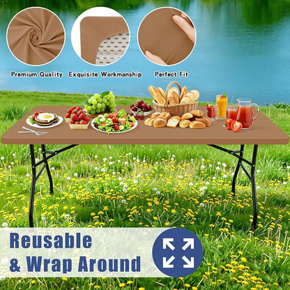 Moosfor Spandex 4 Foot Rectangle Table Cloth, Elastic Fitted Tablecloths for Picnic, Stretch Washable Patio Table Cover for Outdoor, Camping, Banquet and Parties (Light Brown, 30"x48")
