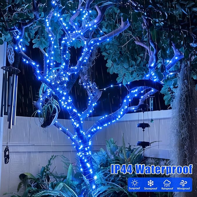 YEGUO 4 Pack Blue Solar Fairy Lights, Each 33ft 100 LED Christmas Lights Outdoor Waterproof, 8 Modes Sliver Wire Solar String Lights